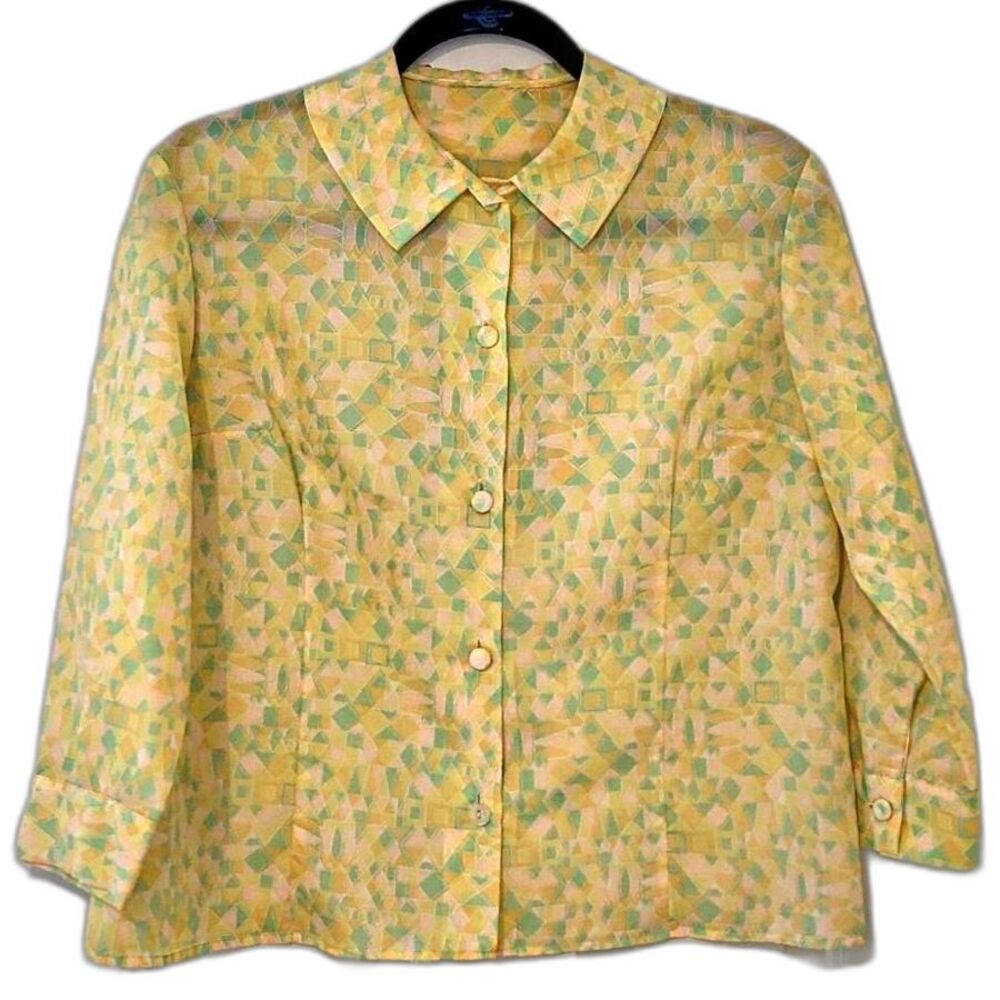 VINTAGE 50s Pastel Green Yellow Geometric Print Button Up Blouse / Top sz 8-10